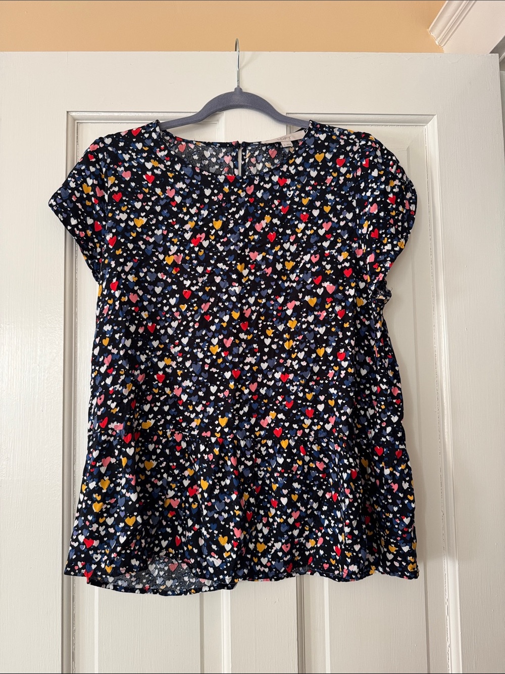 LOFT Navy Heart-Print Cap Sleeve Peplum Blouse